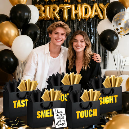 5 Senses Gift Bags for Him with Labels Tissue Paper, Five Senses Party Decoration Rose Petals Black Gold Balloons Greeting Card and Sign Holder Stand for Husband Boyfriend Birthday Party Decor