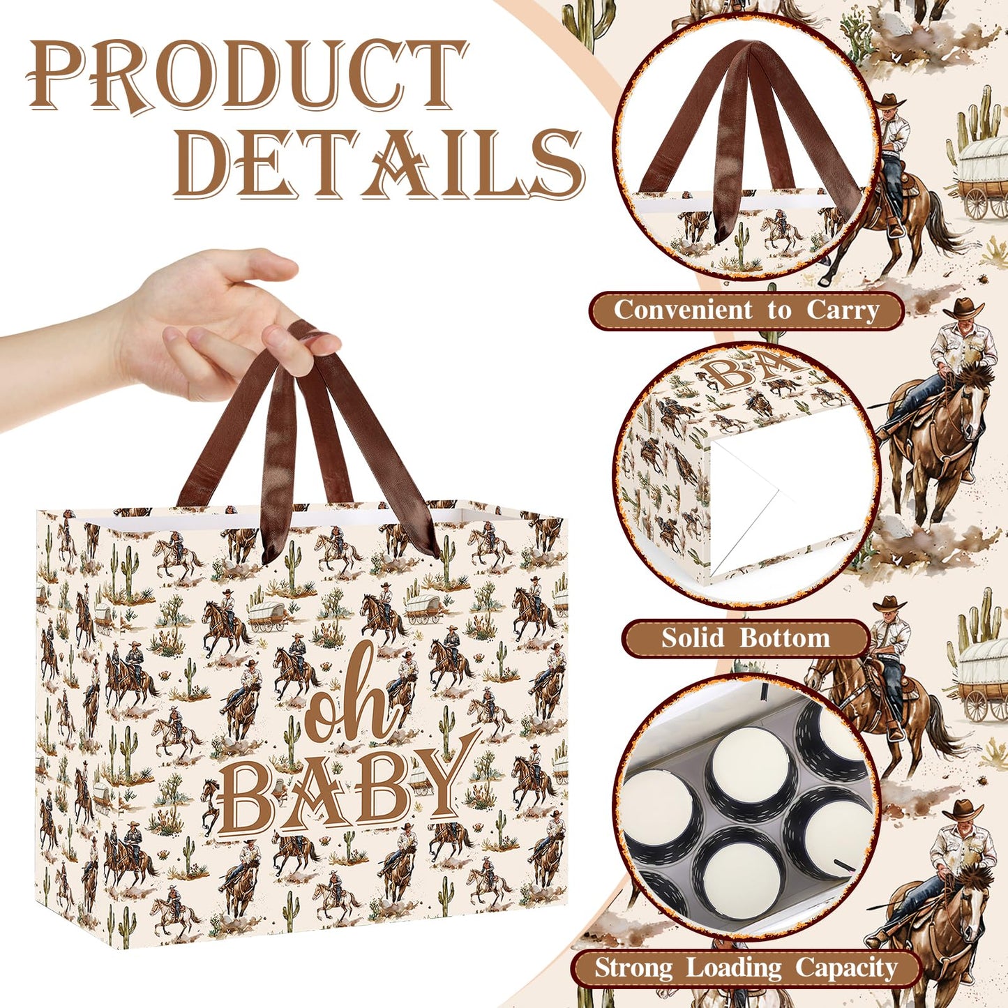 Woosytoo Cowboy Baby Gift Bag with Card Tissue Papers, Western Rodeo Baby Shower Wrapping Paper Bag Wild West Horse Present Bags for Newborn Congratulations Gifts Gender Reveal Party Favors
