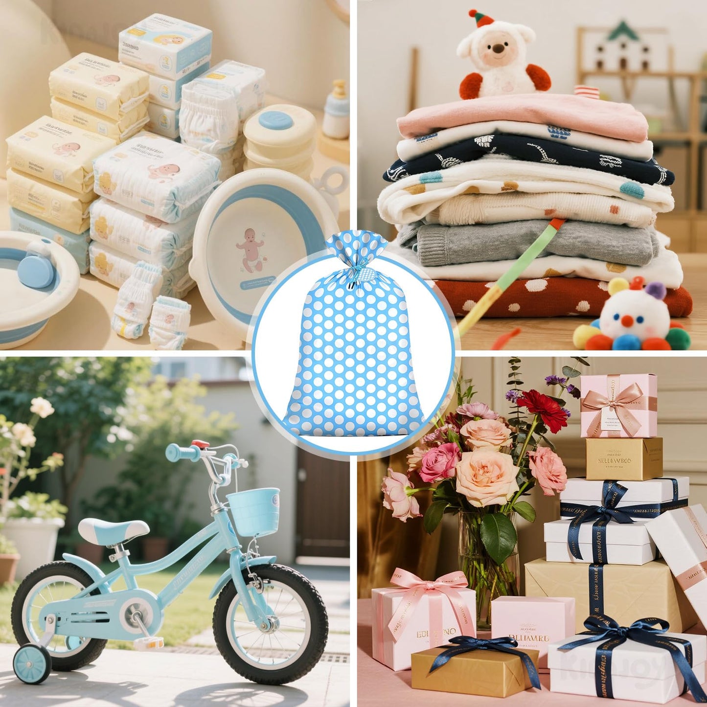 KIDAJOY Extra Large Blue Polka Dot Gift Bags Baby Shower Boys 36x56 Inch Jumbo Plastic Blue and White Gift Bag for Kids Newborn Holiday Happy Birthday Party Favor