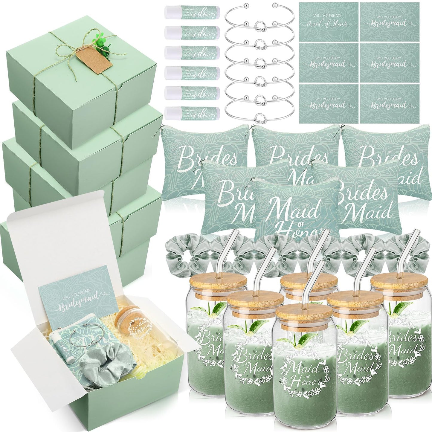 FillTouch 54 Pcs Bridesmaid Proposal Gifts, Will You Be My Bridesmaid, Maid of Honor Bride Gifts Include Gift Box Makeup Bag Invited Card Glass Cup Lip Balm Scrunchie Knotted Bracelet(Green)