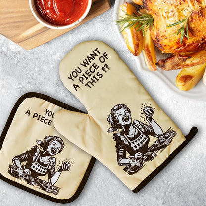 Funny Oven Mitts and Pot Holders（Set of 2）You Want A Piece of This Heat Resistant Mitts Retro Housewife Silicone Non-Slip Oven Mitts Novelty Kitchen Baking Gift for Women Hostess Bake Lover