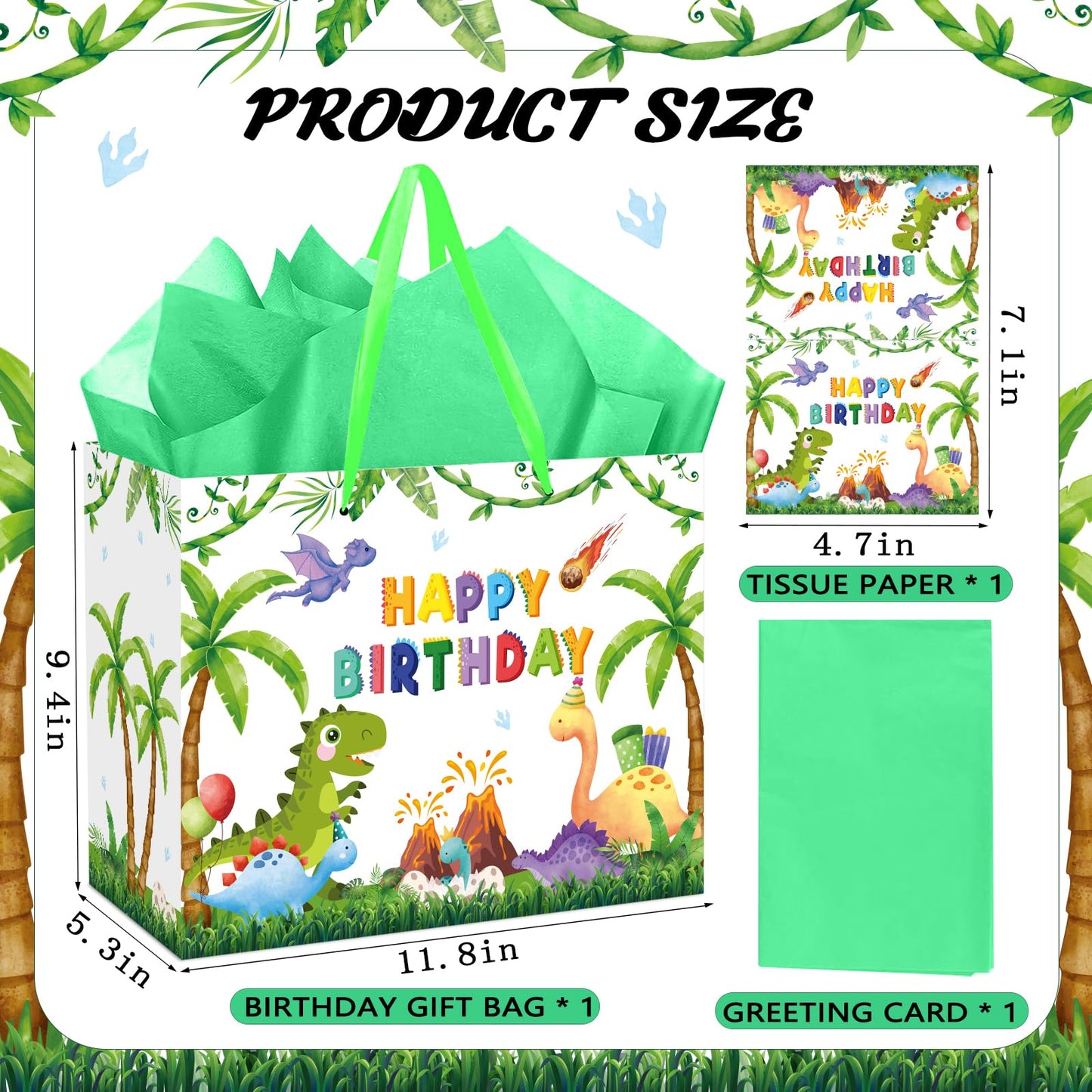 QISOLIY Dinosaur Birthday Gift Bag for Kids Boys Happy Birthday Gift Bag with Tissue Paper and Greeting Card, Cute Dino Party Favor Bag for Children, Party Present Wrapping Bag with Handle