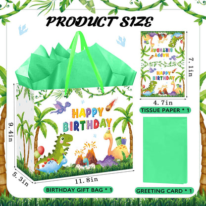 QISOLIY Dinosaur Birthday Gift Bag for Kids Boys Happy Birthday Gift Bag with Tissue Paper and Greeting Card, Cute Dino Party Favor Bag for Children, Party Present Wrapping Bag with Handle