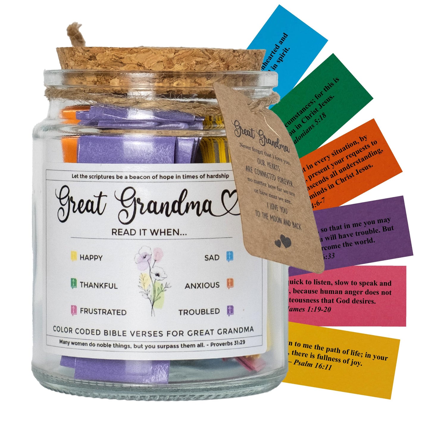 Mothers Day Gift for Great Grandma, Great Grandma Bible Verse Jar, Birthday, Christmas Idea From Grandkids, Decorative Glass Inspirational Scripture Jar with 96 Bible Verses