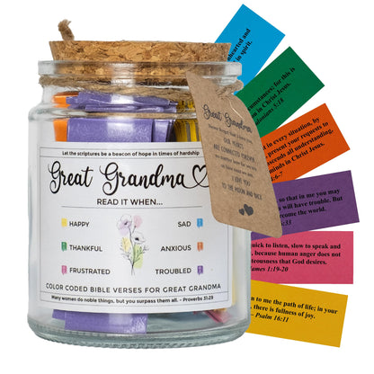 Mothers Day Gift for Great Grandma, Great Grandma Bible Verse Jar, Birthday, Christmas Idea From Grandkids, Decorative Glass Inspirational Scripture Jar with 96 Bible Verses