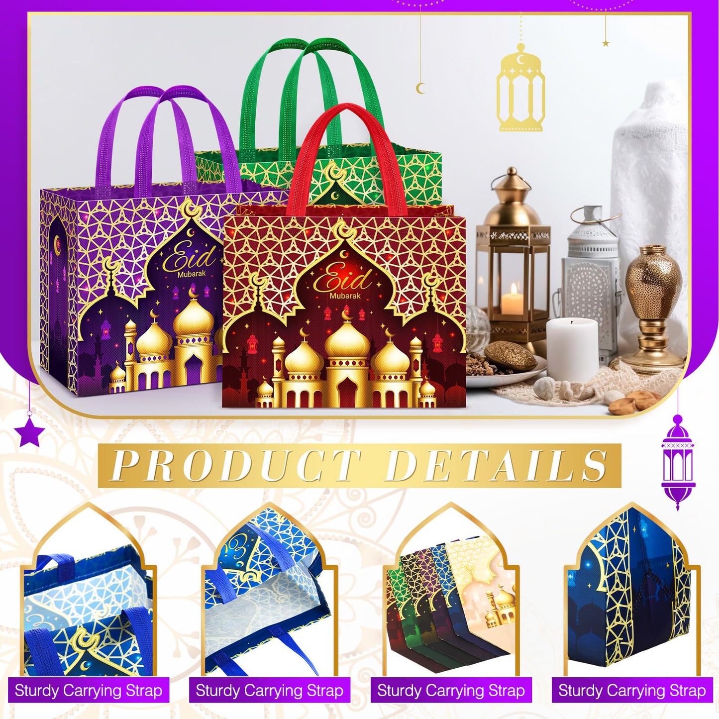 Yoojahow 12 Pcs Eid Mubarak Gift Bags with Handles 12.6 x 9.8 x 6.7 Inch Large Reusable Ramadan Tote Bags Eid Mubarak Non-Woven Treat Goodie for Gifts Wrapping Shopping Ramadan Party Supplies