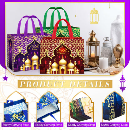 Yoojahow 12 Pcs Eid Mubarak Gift Bags with Handles 12.6 x 9.8 x 6.7 Inch Large Reusable Ramadan Tote Bags Eid Mubarak Non-Woven Treat Goodie for Gifts Wrapping Shopping Ramadan Party Supplies