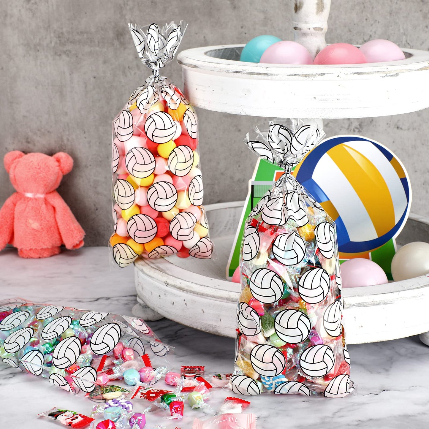 Outus 100 Pcs Volleyball Print Cellophane Bags Volleyball Party Treat Gifts Bags with 200 Pieces Twist Ties for Birthday Party Supplies Goody Favor