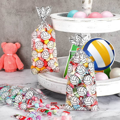 Outus 100 Pcs Volleyball Print Cellophane Bags Volleyball Party Treat Gifts Bags with 200 Pieces Twist Ties for Birthday Party Supplies Goody Favor
