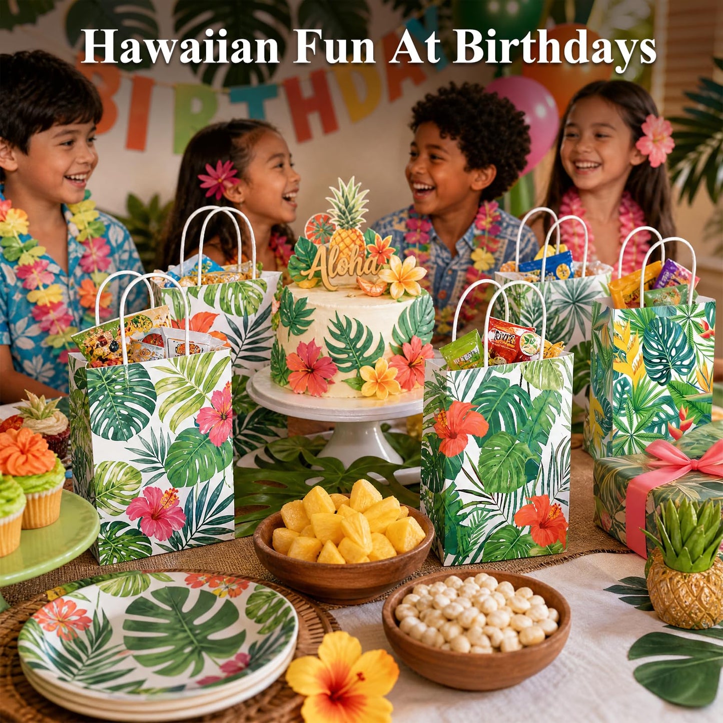 VGOODALL 24 Pack Party Favor Bags with Handles, 5.5" x 2.8" x 8" Hawaii Luau Goodie Treat Bags for Aloha Festival Beach Theme Birthdays Pool Parties Bulk Gift Packaging Supplies