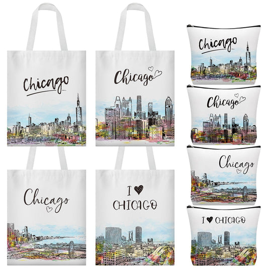 8 Pcs Chicago Souvenir Gifts Canvas Tote and Cosmetic Bags Set for Women Girls Reusable Watercolor Grocery Shopping Bags Makeup Pouches City Trip Gift for Travel Lover