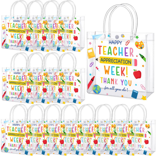 Sweetude 24 Pcs Teacher Appreciation Week PVC Plastic Gift Bags with Handles Back to School Gifts for Teachers' Day First End of the School Year