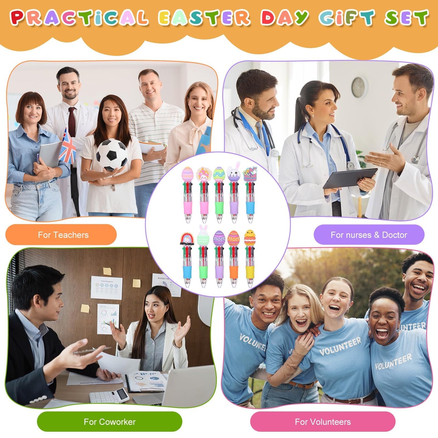 50 Sets Easter Pens Gifts Bulk Cartoon 4 in 1 Multicolor Ballpoint Pens with Greeting Cards 0.7mm Cute Bunny Egg Pens for Easter Party Favors Basket Goodie Bag Stuffers Students Reward Classroom Gifts
