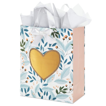 Hallmark 13" Large Gift Bag with Tissue Paper (Green Foliage, Gold Heart) for Weddings, Engagements, Anniversaries, Bridal Showers, and More