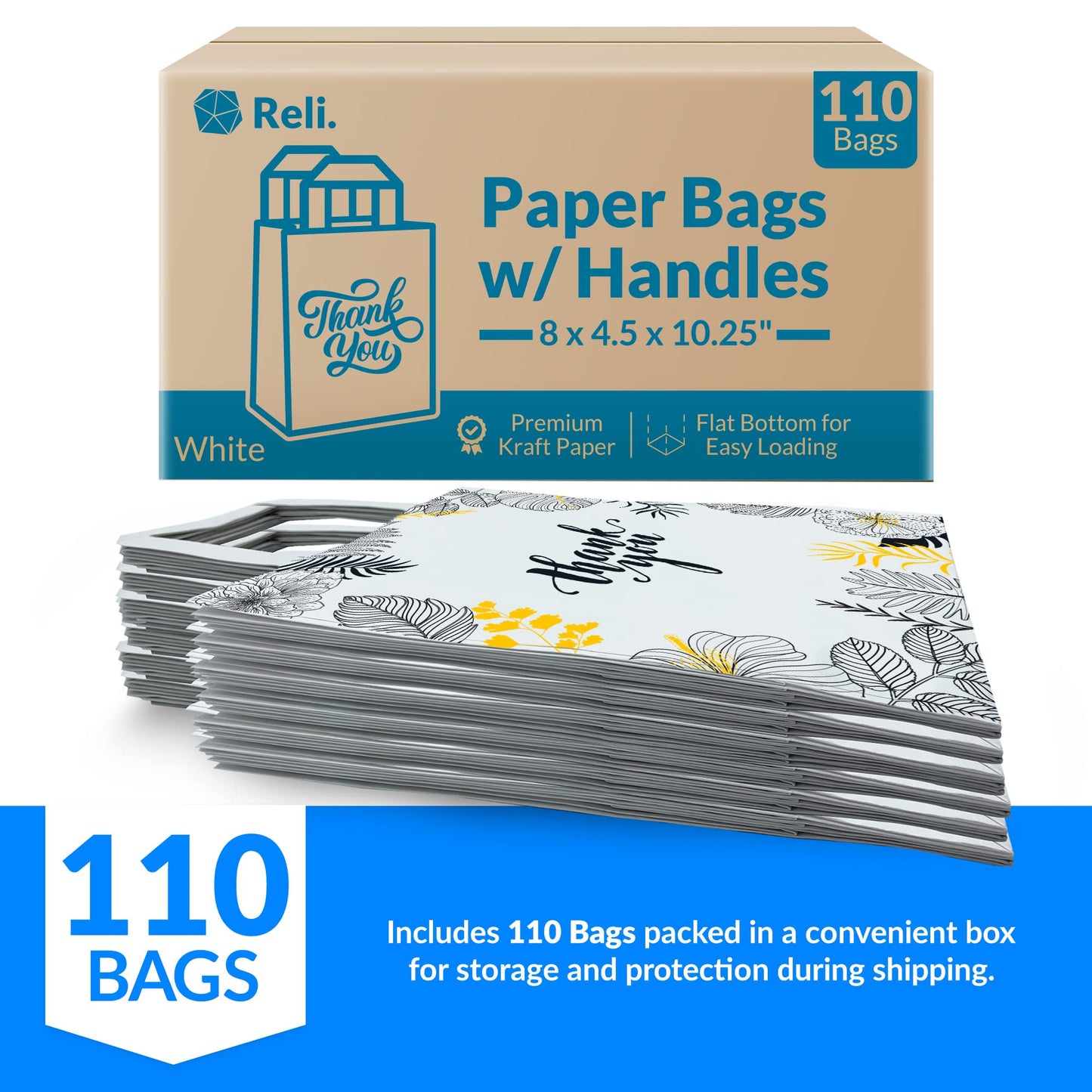 Reli. Paper Bags | 110 Pcs Bulk | 8"x4.5"x10.25" | Paper Thank You Bags | White Handles | Printed Small Thank You Giftbag for Guests | Gifts, Wedding, Merchandise, Business