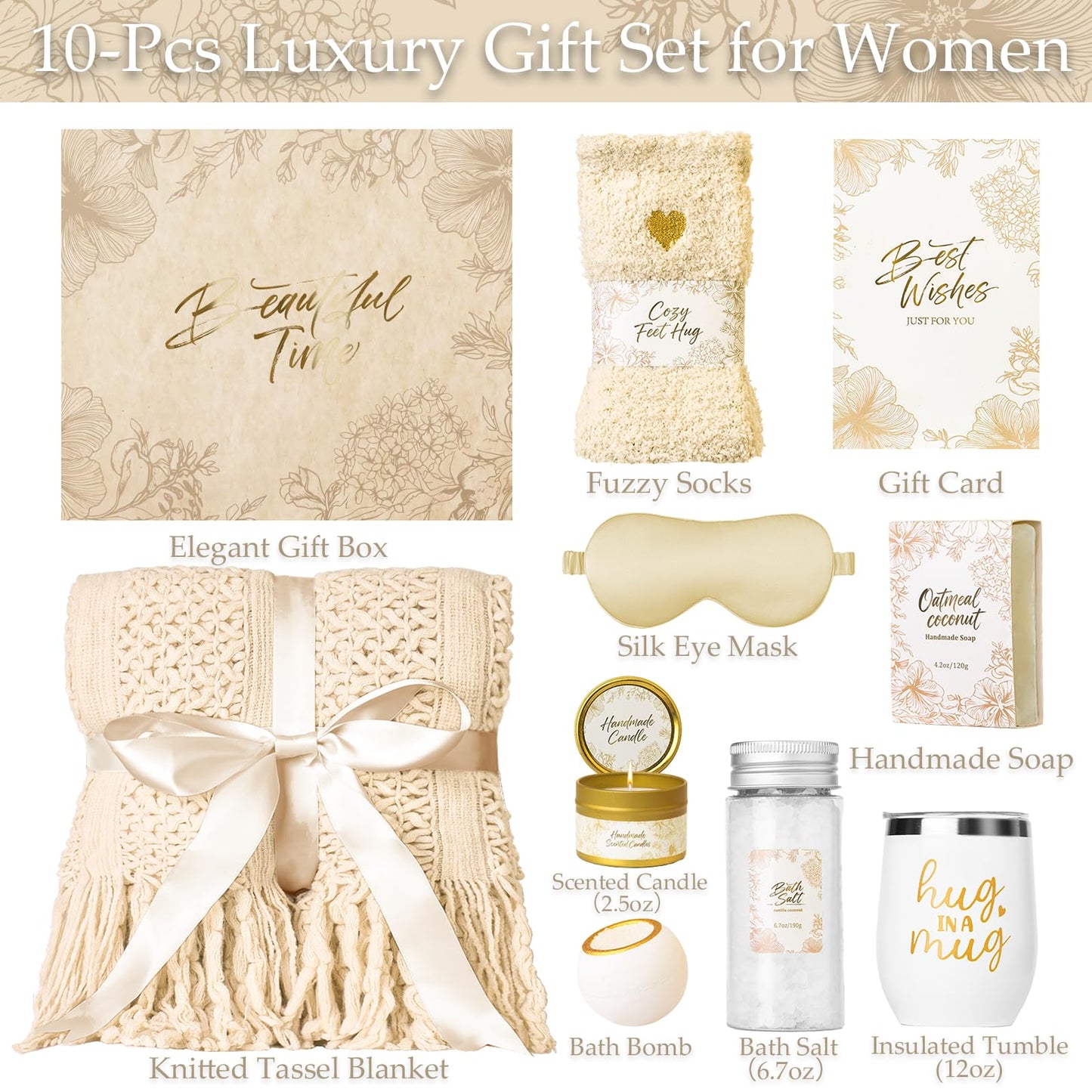 Mothers Day Gifts for Mom Women, Self Care Gift Basket with Knitted Fringe Throw Blanket - Get Well Soon Birthday Care Package for Wife Grandma Her Friend Sister