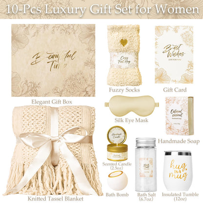 Mothers Day Gifts for Mom Women, Self Care Gift Basket with Knitted Fringe Throw Blanket - Get Well Soon Birthday Care Package for Wife Grandma Her Friend Sister