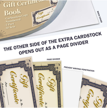 50 Sets Gift Certificate Book 8 x 3.6 Inch Vintage 2 Part Carbonless Duplicate with Kraft Envelopes and Serial Numbers for Small Business Salon Spa Retail Restaurant Office (1)