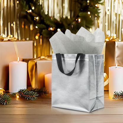 KeerxunBag 12pcs Reusable Gift Bags（Includes Tissue Paper） Gift bag with handle Birthdays Parties Holidays Weddings Medium 10x4x8in silver Gift Bags