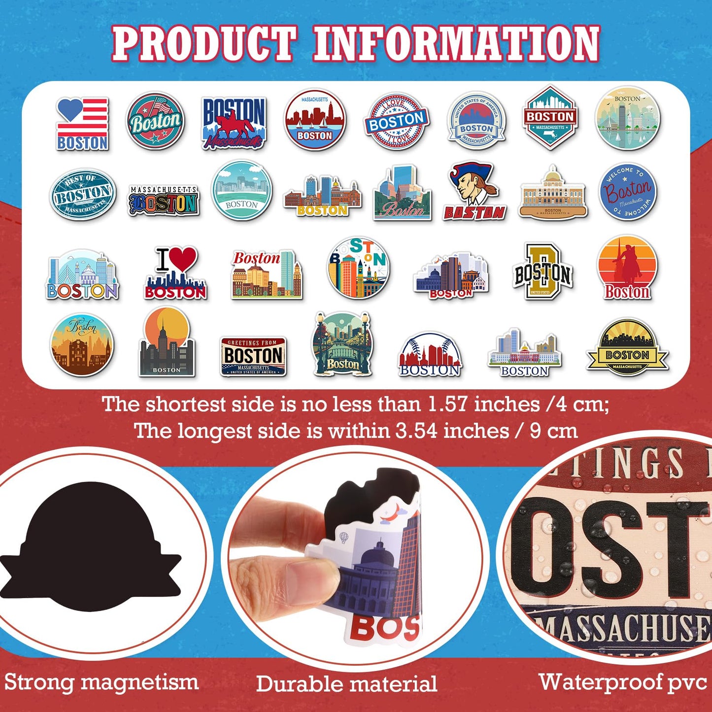 Konohan 30 Pcs Boston Souvenirs Gifts Boston Magnet for Refrigerator City Magnetic Refrigerator Stickers for Home Decoration