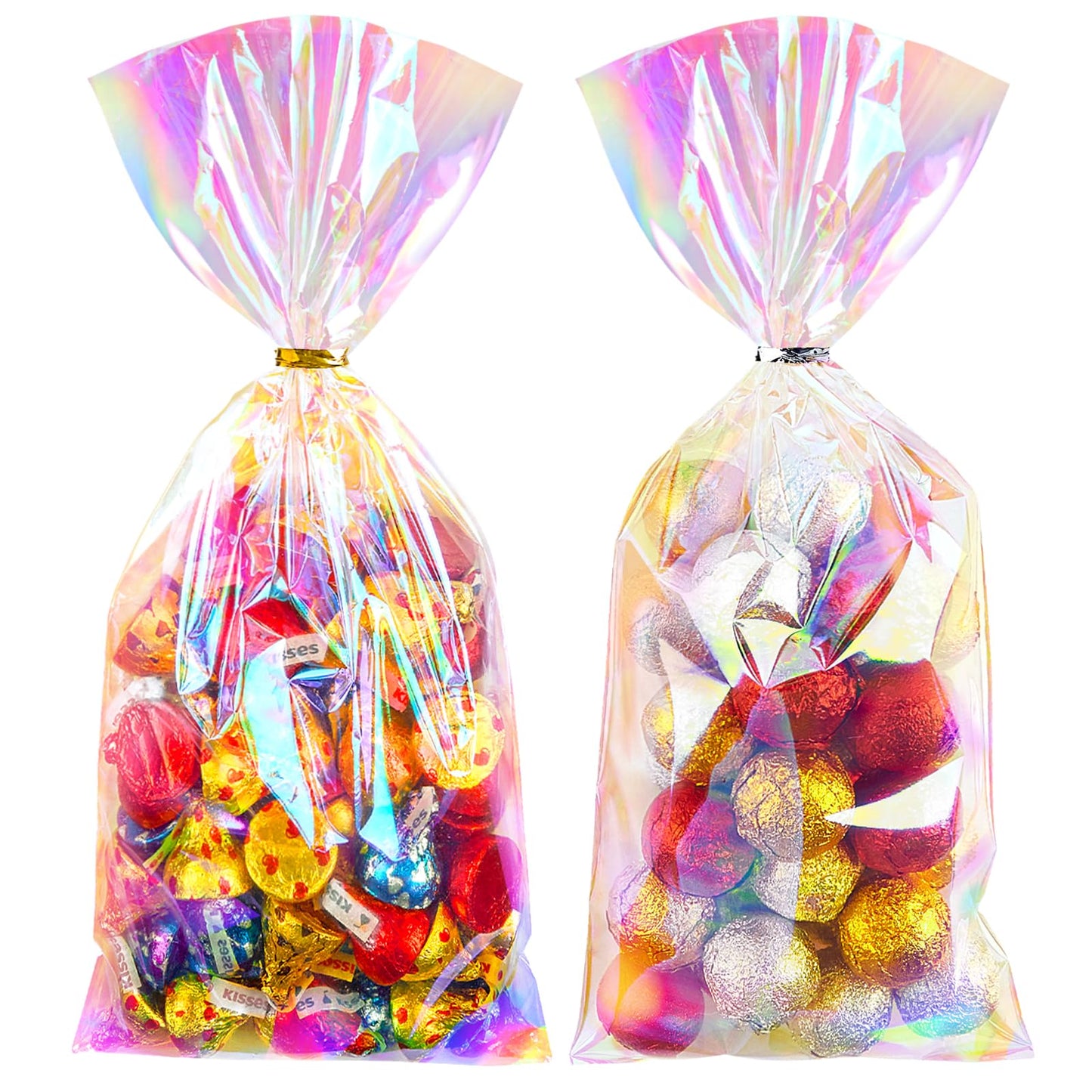 Ohuimrt 5x11 Inches Iridescent Cellophane Treat Bags with Ties, 100 PCS Small Plastic Holographic Goodie Bags for Candies, Snacks, Popcorn, Small Gifts and Party Favor
