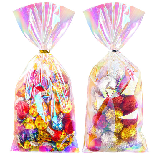 Ohuimrt 5x11 Inches Iridescent Cellophane Treat Bags with Ties, 100 PCS Small Plastic Holographic Goodie Bags for Candies, Snacks, Popcorn, Small Gifts and Party Favor