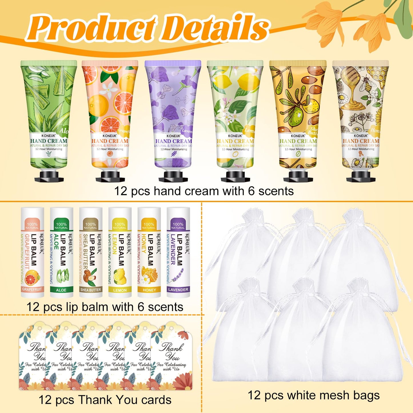 KONEUK 12 Pack Bulk Hand Cream and Lip Balm Set for Women, Mothers Day Gifts, Teacher Appreciation Gifts, Nurse Gifts, Bridal Shower Favors, Wedding Shower Favors and Bulk Gifts for Guests