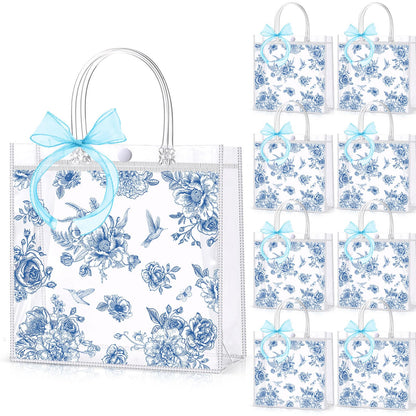 Hosuly 24 Pcs Blue Floral PVC Gift Bags with Bow Ribbon Clear Vintage Chinoiserie Flower Bags Blue Wildflower Goodie Handbags for Wedding Bridal Shower Birthday Party Supplies, 7.9 x 7.9 x 3.1 Inch