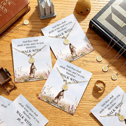 Sureio 24 Sets LDS Missionary Gifts Walk with Me 2026 Necklace with Scripture Cards Sister Missionary Necklace Mormon LDS Youth Theme Walk with Me Pendant Jewelry Christian Baptism Gifts for Women