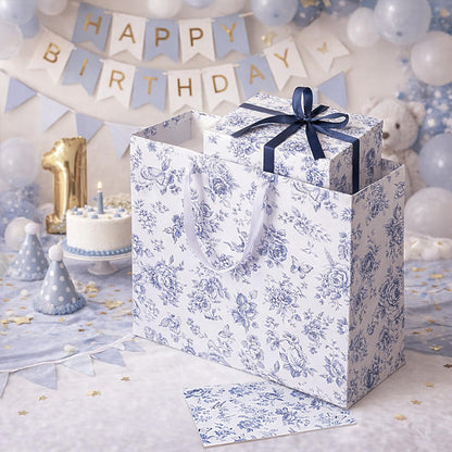 woric 14.5" Large Bridal Shower Gift Bag, Blue Floral Wedding Gift Bag with Greeting Card and Tissue Paper for Women Wedding Engagement Gifts