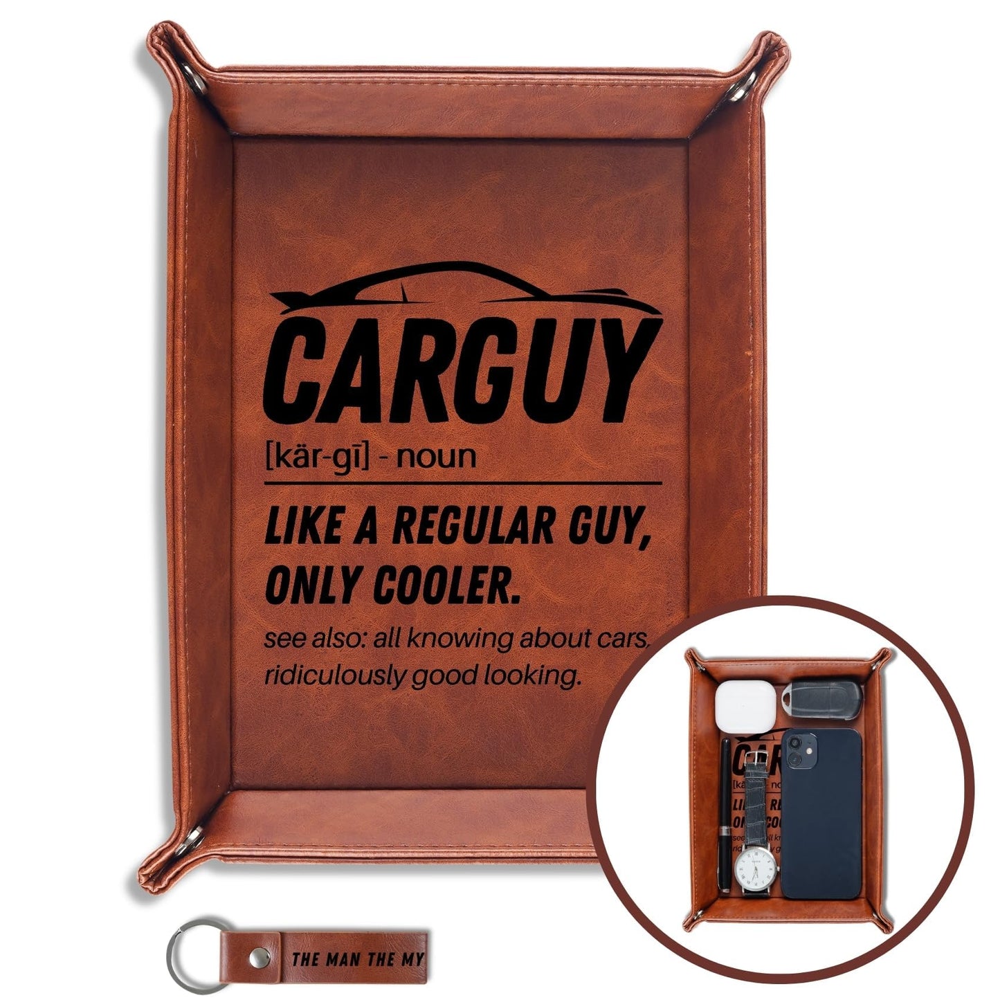 INNObeta Car Guy Gifts for Men - Car Lovers or Enthusiast Valet Tray Gift - Desktop Storage Organizer, PU Leather Bedside Tray for Keys and Coins - Ideal Birthday Present for Men