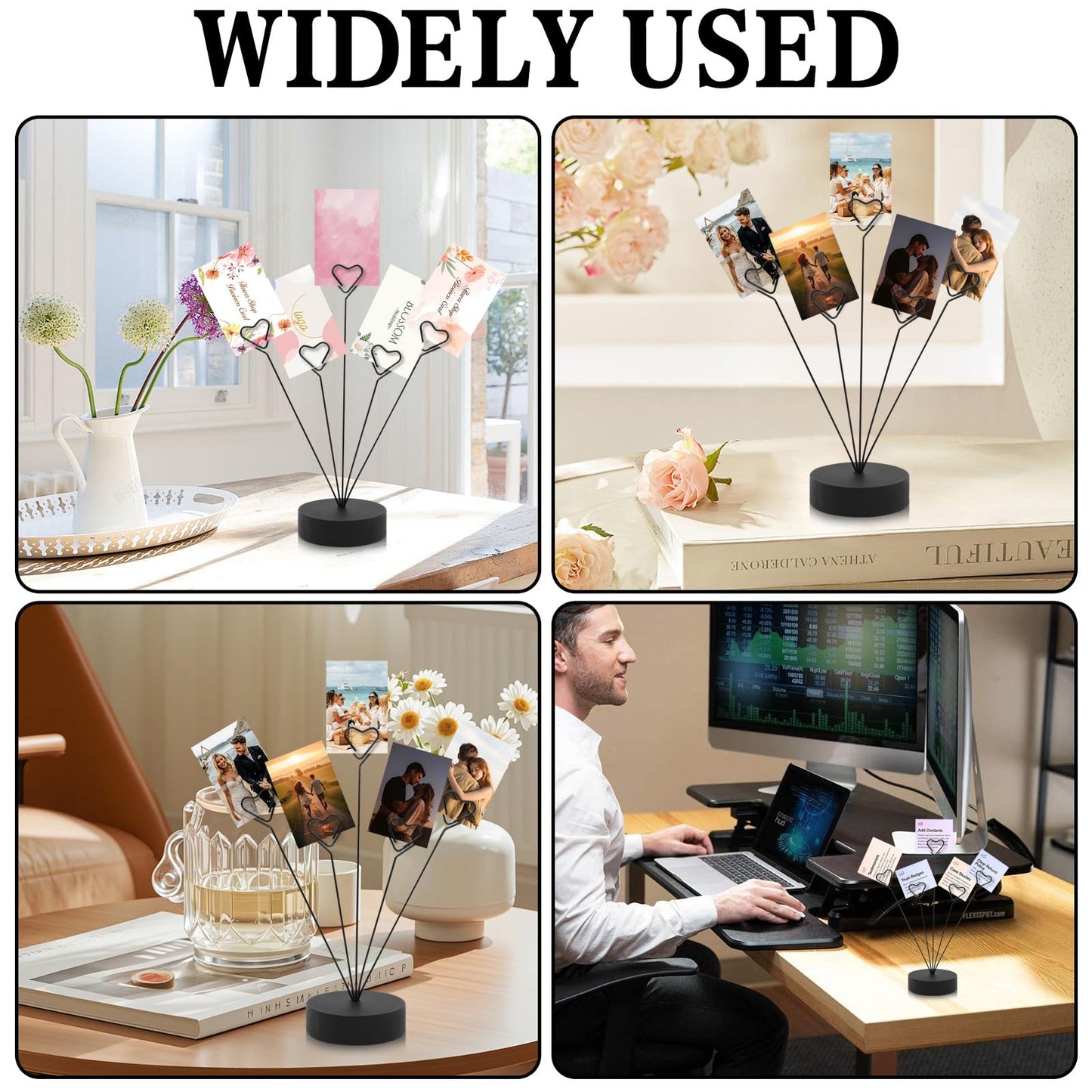 HINGTAI Black Tree Holder for Pictures Desk Photo Display Gift Tree Holder for Party, Heart-Shaped Photo Stand Contains Five Clips, Round Base Suitable as a Gift for Holidays Weddings or Work