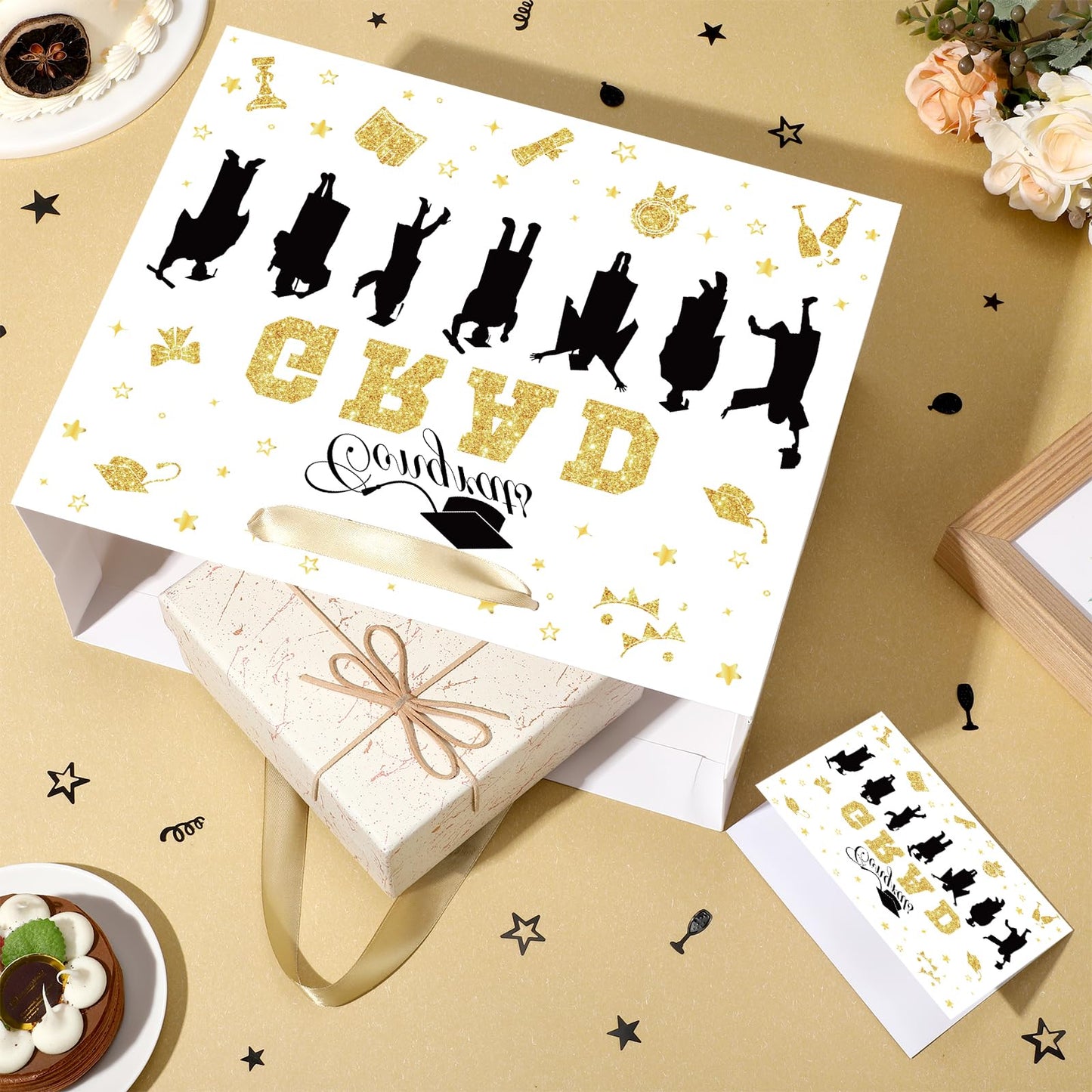 Graduation Gift Bag Class of 2026 Congrats Grad Gift Bag with Tissue Paper and Card Happy Graduation Wrapping Paper Bag for High School College University Gold Glitter Silhouette Theme Decorations