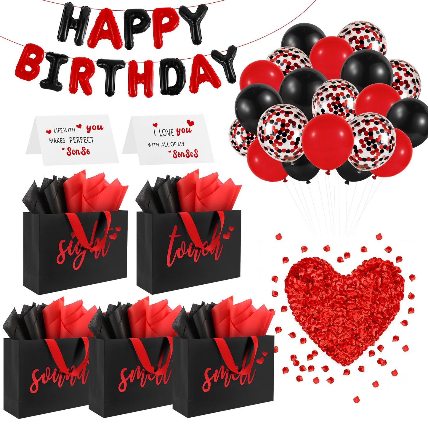 Addblu 5 Senses Gift Bags for Him with Labels Tissue Paper And Handles, 12.6"X8.7"X4" Includes Birthday Decoration Banner, Balloons, Rose Petals & Cards for Him or Her, Husband or Boyfriend (Black with red lettering)