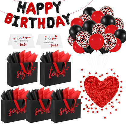 Addblu 5 Senses Gift Bags for Him with Labels Tissue Paper And Handles, 12.6"X8.7"X4" Includes Birthday Decoration Banner, Balloons, Rose Petals & Cards for Him or Her, Husband or Boyfriend (Black with red lettering)