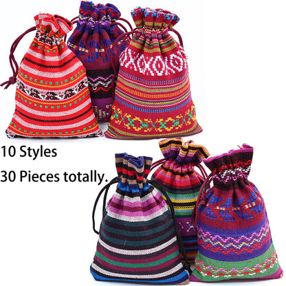 30 Pack Mexican Fiesta Mini Drawstring Gift Bag Egyptian Style Jewelry Coin Pouches Cotton Linen Muslin Burlap Bags for Candy Mexican Themed Fiesta Loteria Party Decorations