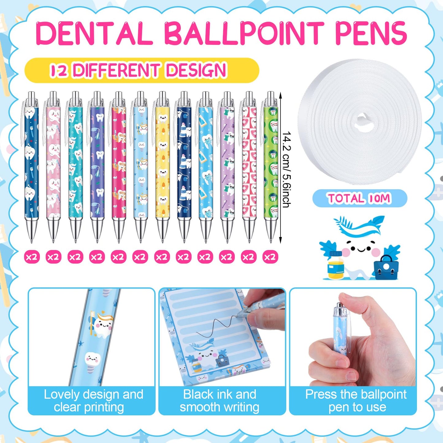 Eaasty 48 Pcs Dental Hygienists Gifts Bulk Tooth Notepads and Ballpoint Pens with Ribbon Dental Assistant Appreciation Gifts for Dentist, Nurse, Doctor, Staff, Coworker