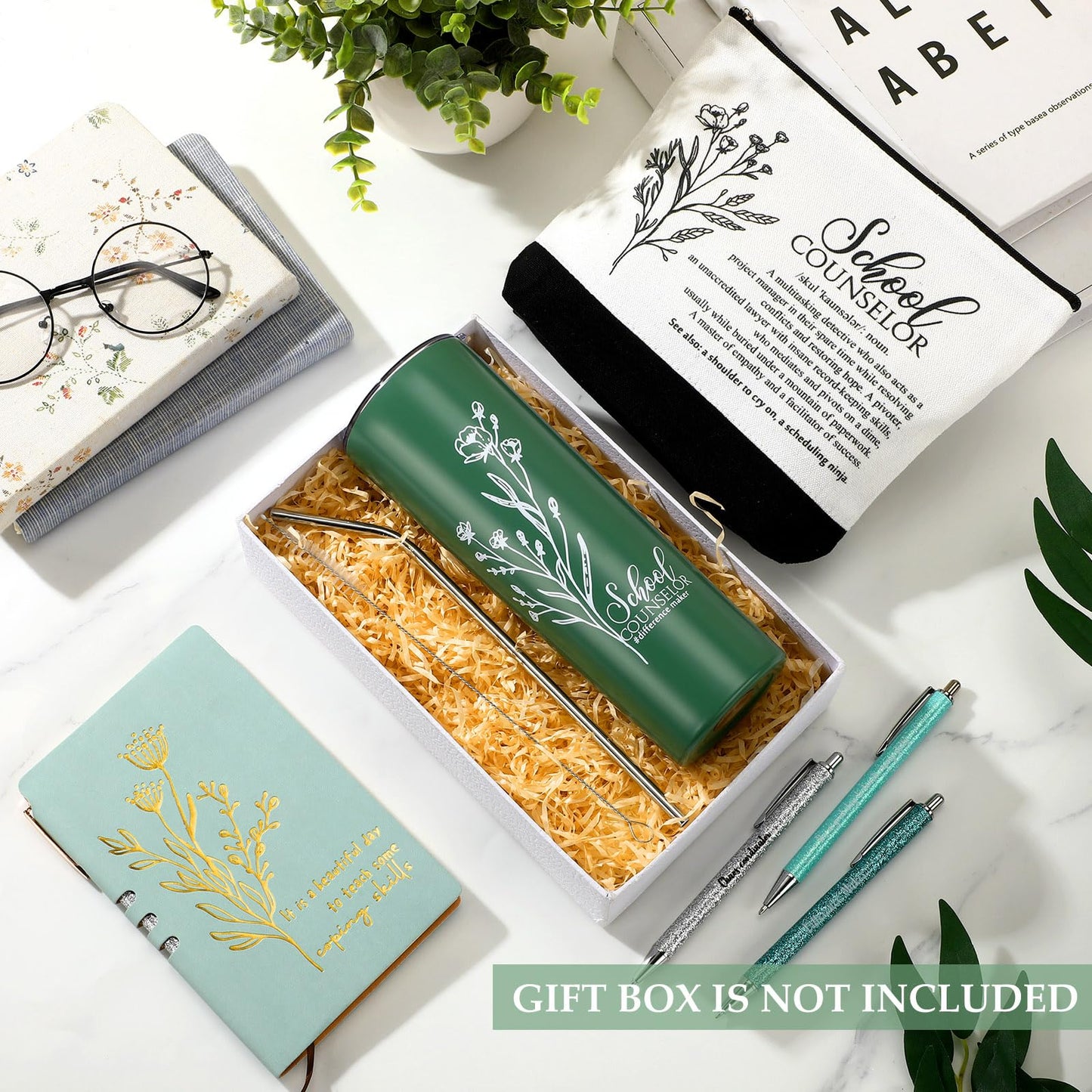 Funnymoom 6 Pcs School Counselor Appreciation Gift Set for Women Thank You Gifts 20 oz Boho Flower Tumbler Makeup Bag Journal Ballpoint High School Teacher Educator Work(Green, Counselor)
