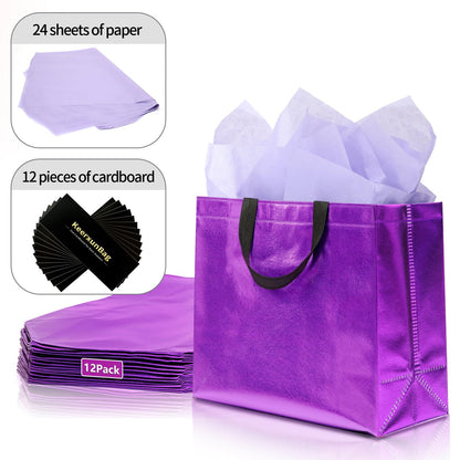 KeerxunBag 12Pcs Reusable Gift Bags（Includes Tissue Paper） Gift bag with handle Birthdays Parties Holidays Weddings Medium 13x5x11in Purple Gift Bags