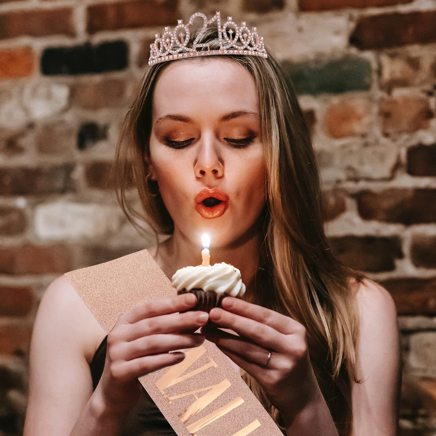 CAVETEE Rose Gold 21st Birthday Sash and Crown Set - Women's Birthday Queen Tiara and Sash