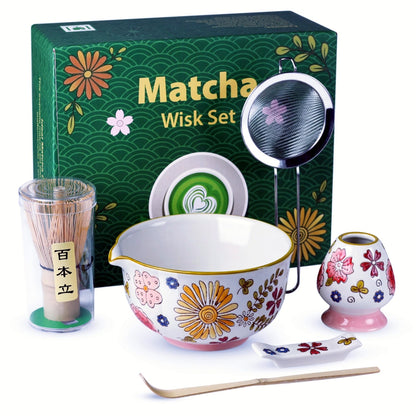 Gifts for Mom, Hand-Painted Floral Matcha Ceremony Set, 6-Piece Japanese Tea Ritual Kit with Ceramic Bowl & Bamboo Whisk – Mindful Matcha Gift Set