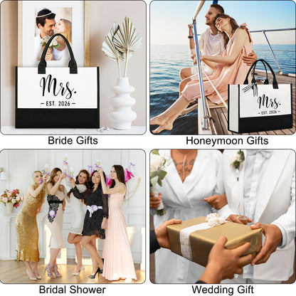 Lamyba Bride Tote Bag,Bridal Shower/Bachelorette Party/Wedding Day Gifts for Bride To Be,Mrs Bag EST 2026,Interior Pocket,Black and White