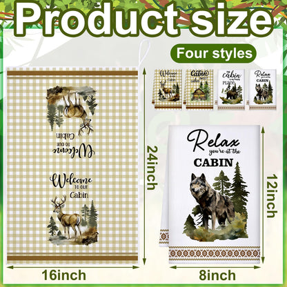 Buryeah 4 Pcs Cabin Kitchen Towels Set 23. 6 x 16 Inches Wildlife Deer Bear Dish Towels Log Rustic Cabin Decor Soft Absorbent Hand Tea Dishcloth for Home Kitchen Bathroom Farmhouse Campers