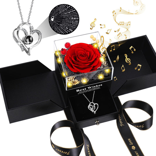 Pasuvsigt Mothers Day Mom Birthday Gifts for Women, Preserved Real Rose with I Love You Heart 100-Language Necklace, LED Lights & Music Box, Anniversary for Women Girlfriend Mom