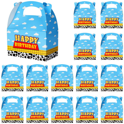 Ragnhild 16 Pcs Cartoon Story Birthday Party Favor Boxes, Cow Pattern Birthday Goodie Box Party Supplies, Blue Sky White Cloud Kraft Paper Gift Boxes for Kids Decorations