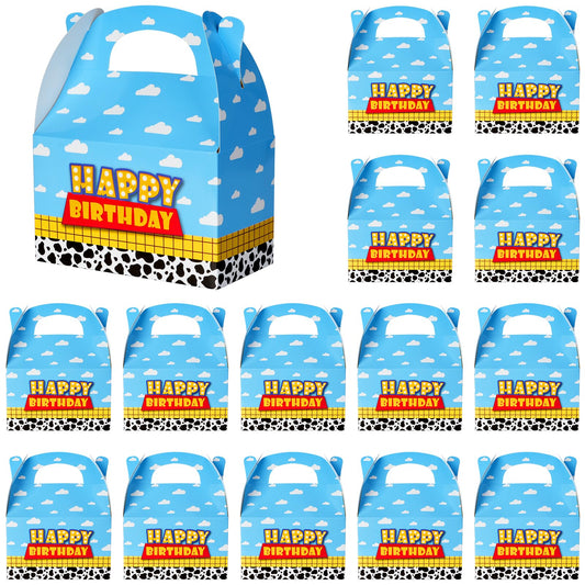 Ragnhild 16 Pcs Cartoon Story Birthday Party Favor Boxes, Cow Pattern Birthday Goodie Box Party Supplies, Blue Sky White Cloud Kraft Paper Gift Boxes for Kids Decorations
