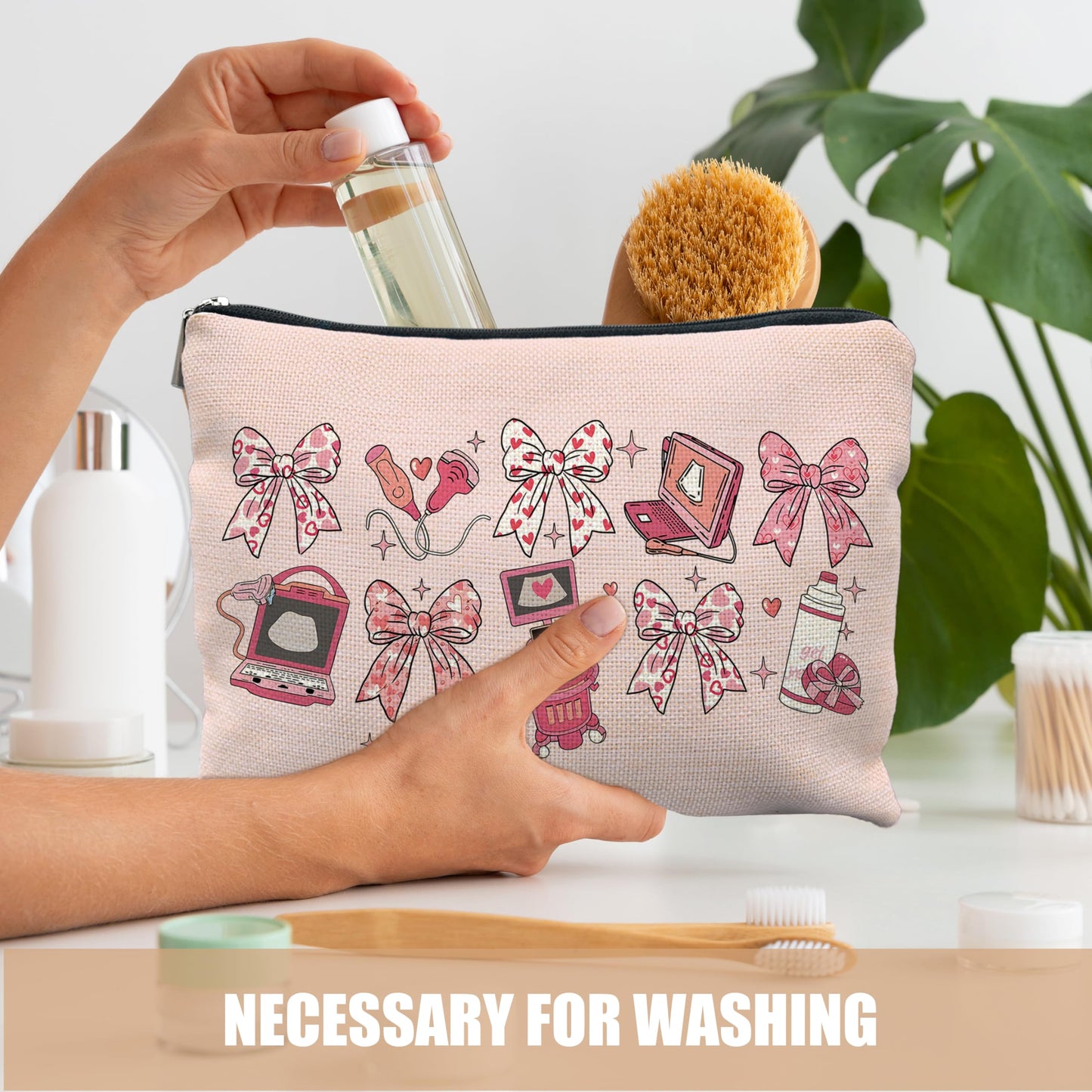 Coquette Pink Bow Sonographer Gifts Makeup Bag, Ultrasound Tech Technologist Gifts Cosmetic Bags for Women, Medical Nursing Zipper Makeup Pouch Travel Toiletry Bag