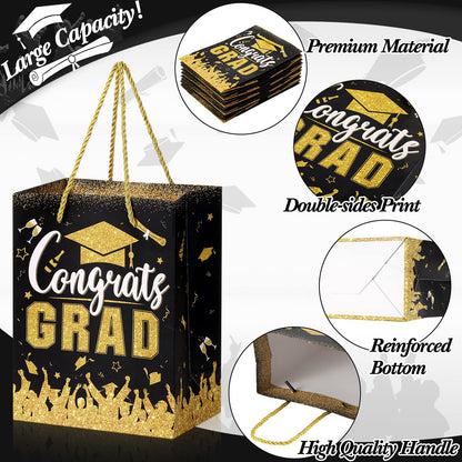 TaoBary 12 Pcs Graduation Gift Bags with Tissue Party Favor Bag Handles Class of 2026 Grad Paper Goodie Bulk for Congrats Supplies(Black Gold)