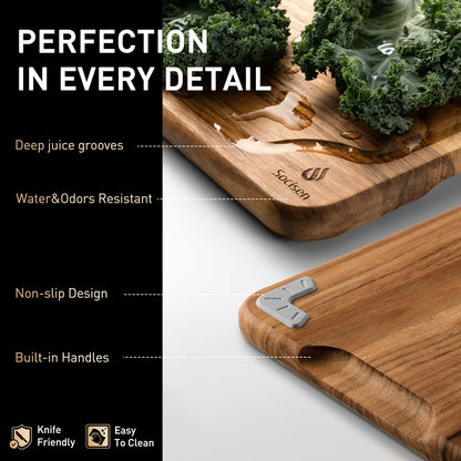 4 Pack Teak Wood Cutting Board Set for Kitchen Heavy Duty Non Toxic Non Slip Solid Thick Wood Haus Chopping Board Extra Large Big Small Meat Best Essential House Warming Hostess Host Gift