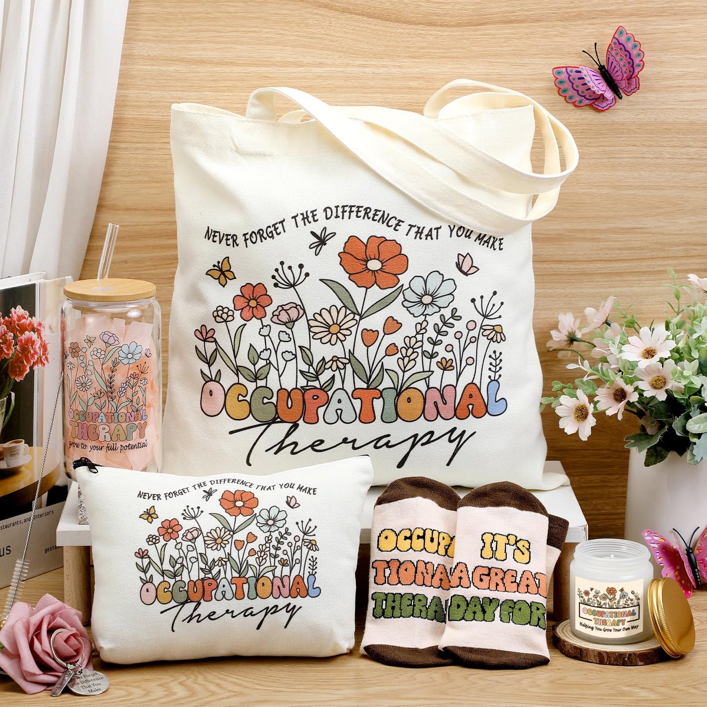 Funnymoom 6 Pcs Occupational Therapy Appreciation Gifts for Women Thank You OT with17 oz Glass Cup Canvas Tote Makeup Bag Valentine's Day Birthday Gifts Set for Occupational Therapist